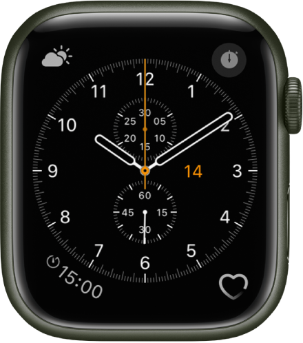 The Chronograph watch face, where you can adjust the face color and details of the dial. It shows four complications: Weather Conditions at the top left, Stopwatch at the top right, Timers at the bottom left, and Heart Rate at the bottom right.