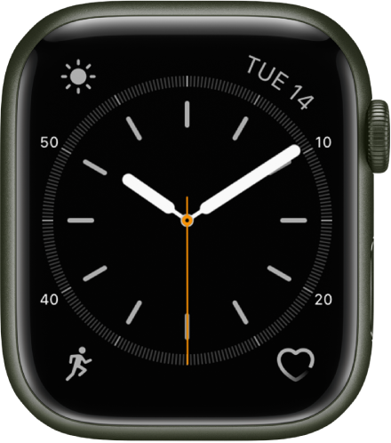 The Simple watch face, where you can adjust the color of the second hand and adjust the numbering and detail of the dial. There are four complications shown: Weather Conditions at the top left, Date at the top right, Workout at the bottom left, and Heart Rate at the bottom right.
