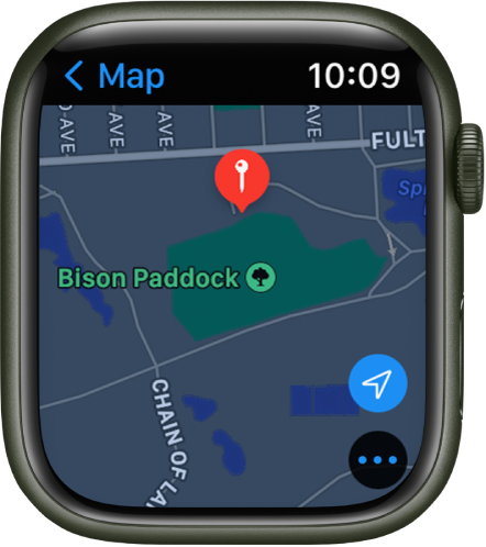 The Maps app shows a map with a red pin placed on it, which can be used to get the approximate address of a spot on the map, or as a destination for directions.