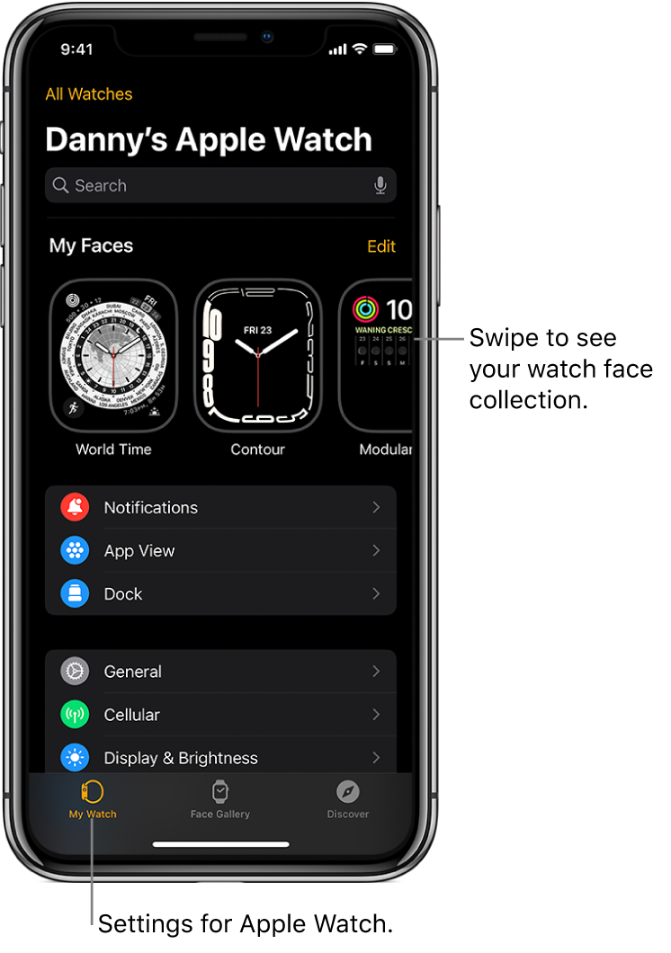 The Apple Watch app on iPhone open to the My Watch screen, which shows your watch faces near the top, and settings below. There are three tabs at the bottom of the Apple Watch app screen: the left tab is My Watch, where you go for Apple Watch settings; next is the Face Gallery, where you can explore available watch faces and complications; then Discover, where you can learn more about Apple Watch.