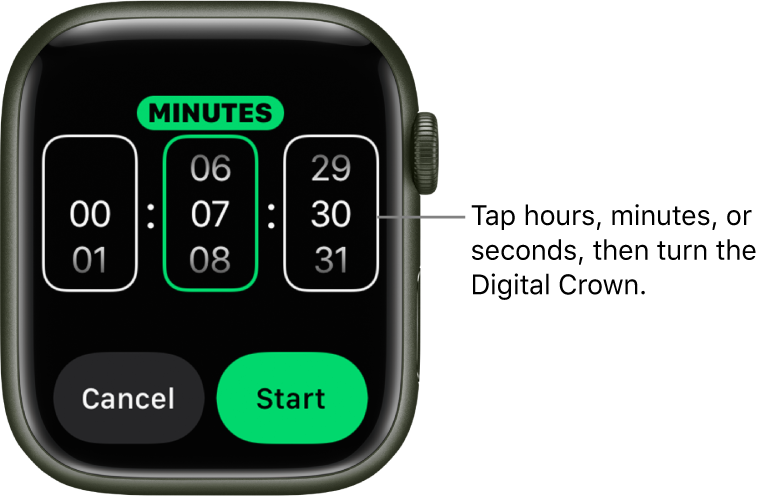 Settings for creating a custom timer, with the hour on the left, the minutes in the middle, and seconds on the right. Start and Cancel buttons are below.