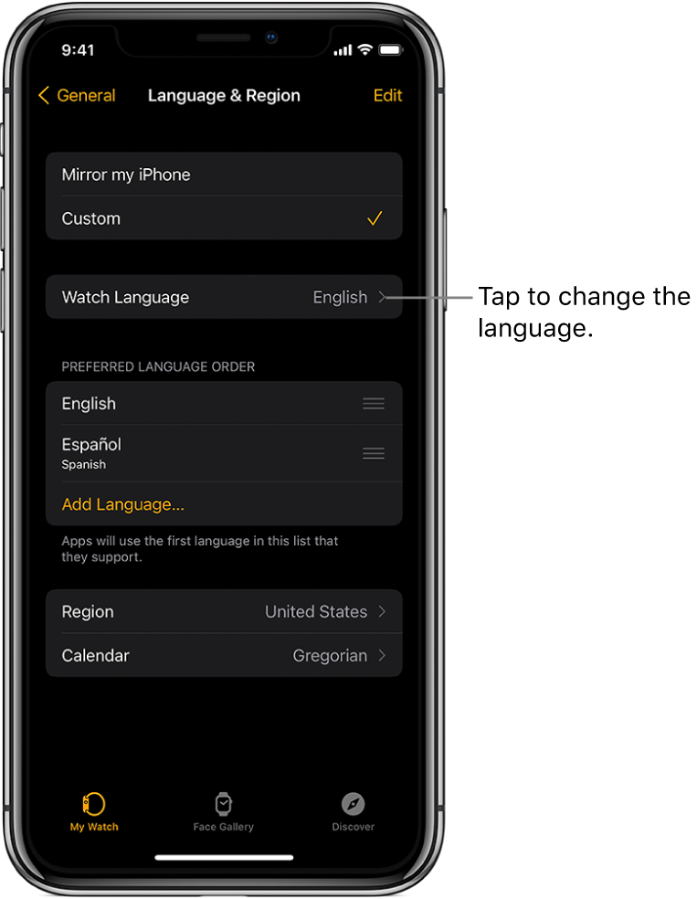 The Language & Region screen in the Apple Watch app, with the Watch Language setting near the top.