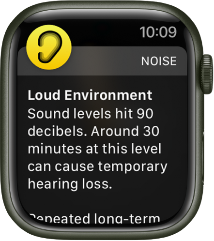 Apple Watch showing a Noise notification. The icon for the app associated with the notification appears at the top left. You can tap it to open the app.