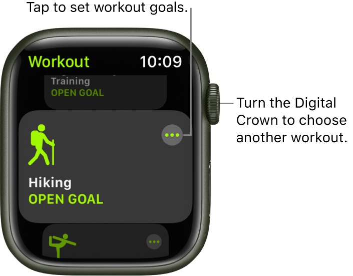 The Workout screen with the Hiking workout highlighted. A More button is at the top right. A portion of the Outdoor Walk workout is below.