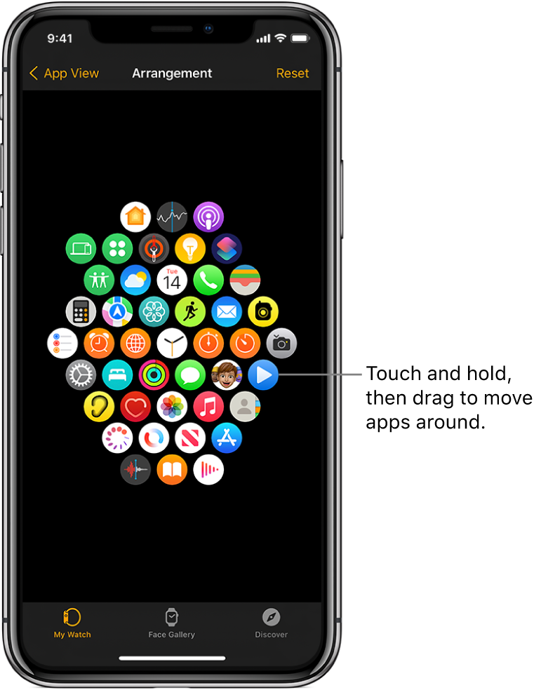 The Arrangement screen in the Apple Watch app showing a grid of icons.