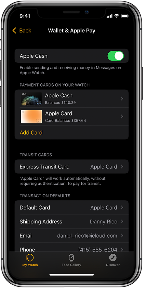 The Wallet & Apple Pay screen in the Apple Watch app on iPhone. The screen shows cards added to Apple Watch, the card you’ve chosen to use for express transit, and transaction defaults settings.