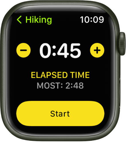 The goal screen showing the time near the top, with – and + buttons on either side, and the Start button at the bottom.