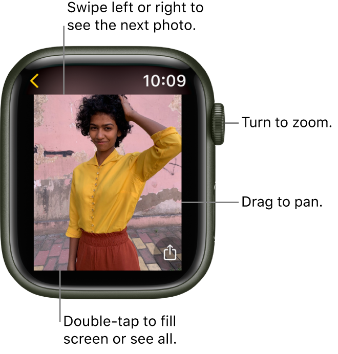 While viewing a photo, turn the Digital Crown to zoom, drag to pan, or double-tap to switch between viewing all of the photo and filling the screen. Swipe left or right to see the next photo. Tap the Watch Face button at the bottom left to create a watch face from the photo.