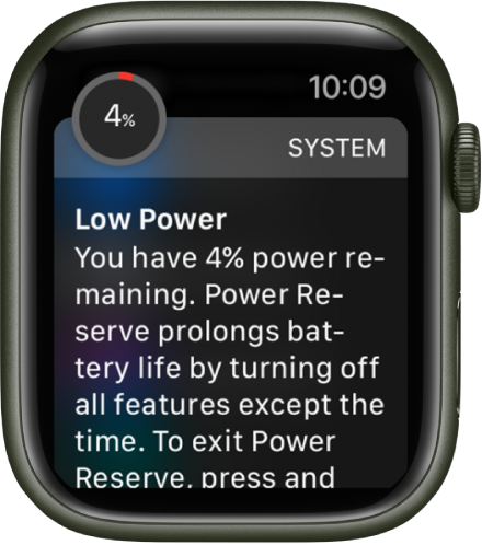 The low power alert includes a button you can tap to enter Power Reserve mode.