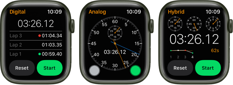 Three kinds of stopwatches in the Stopwatch app: A digital stopwatch with a lap counter, an analog stopwatch, and a hybrid stopwatch that shows time in both analog and digital forms. Each watch has start and reset buttons.