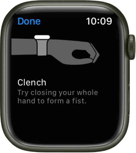 An AssistiveTouch screen where you can try a gesture. The Clench gesture is showing with an illustration of a clenched hand.