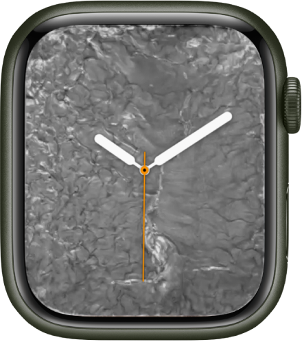 The Liquid Metal watch face showing an analog clock in the middle and liquid metal around it.