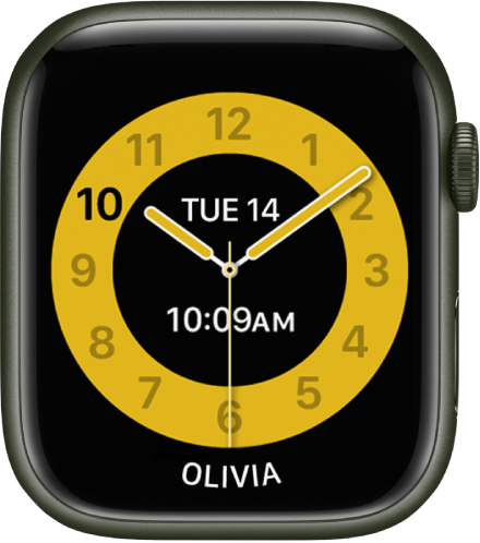 The Schooltime watch face showing an analog clock with the date and digital time near the center. The name of the person who uses the watch is at the bottom.