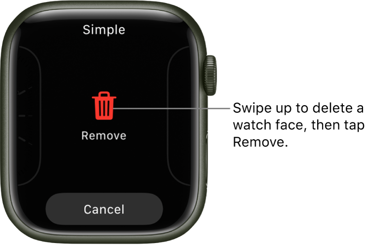 The Apple Watch screen showing Remove and Cancel buttons, which appear after you swipe to a watch face, then swipe up on it to delete it.