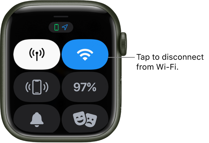 Control Center on Apple Watch (GPS + Cellular), with Wi-Fi button at the top right. Callout reads “Tap to disconnect from Wi-Fi.”