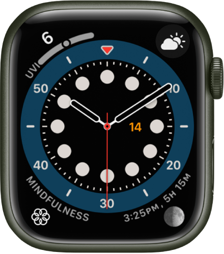 The Count Up watch face. It shows four complications: UV Index at the top left, Weather Conditions at the top right, Mindfulness at the bottom left, and Moon at the bottom right.