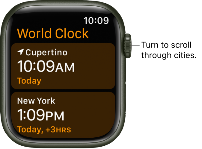 The World Clock app with list of cities and scroll bar.