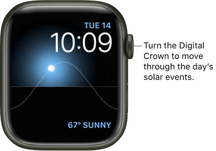 The Solar Graph watch face displays the day, date, and current time, which can’t be modified. A Weather complication appears at the bottom right. Turn the Digital Crown to move the sun in the sky to dusk, dawn, zenith, sunset, and darkness.