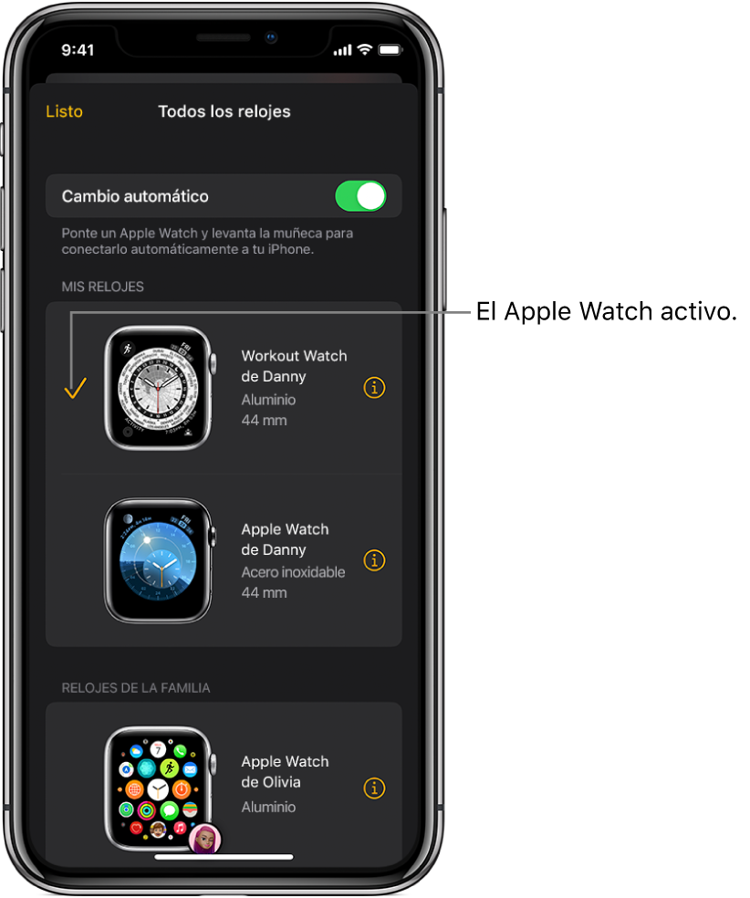 En la pantalla “Todos los relojes” en la app Apple Watch se muestra el Apple Watch activo con una casilla seleccionada.