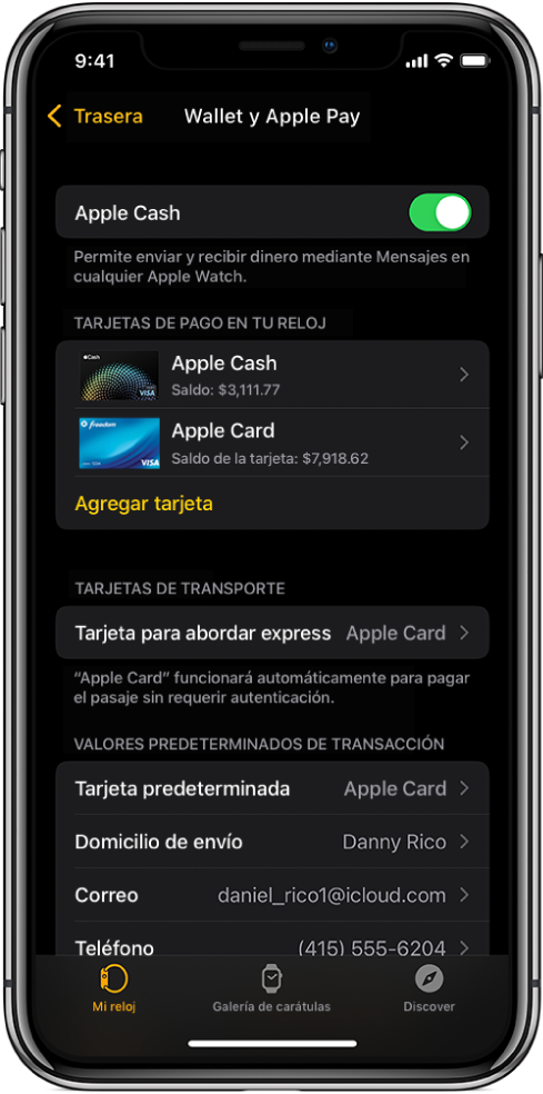 Pantalla de “Wallet y Apple Pay” de la app Apple Watch en el iPhone. La pantalla muestra las tarjetas agregadas al Apple Watch, la tarjeta elegida para “Abordar express” y la configuración predeterminada para las transacciones.