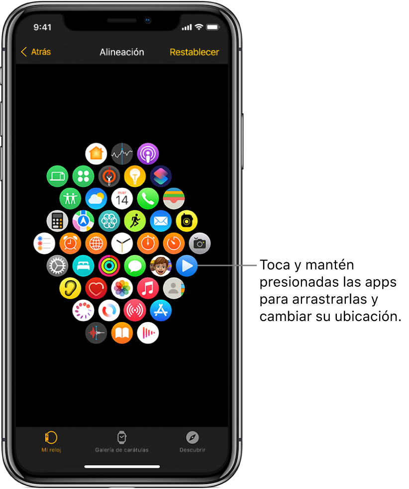 La pantalla Alineación en la app Apple Watch mostrando una cuadrícula de íconos.