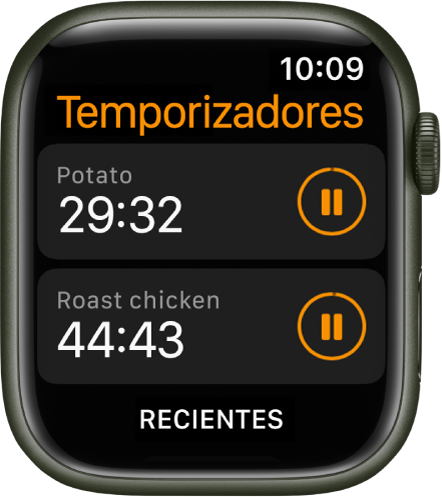 Dos temporizadores en la app Temporizadores. Cada temporizador muestra el tiempo restante debajo de su nombre, y el botón Pausar a la derecha. Un botón Recientes está en la parte inferior de la pantalla.