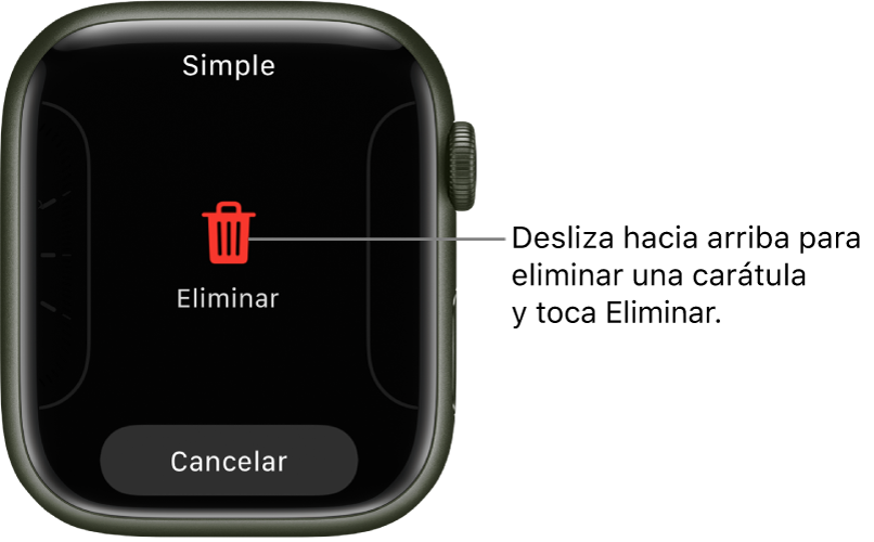 La pantalla del Apple Watch mostrando los botones Eliminar y Cancelar, que aparecen una vez que te has desplazado a una carátula y que la has deslizado hacia arriba para eliminarla.