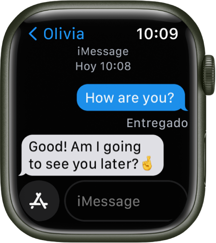 Una conversación de mensajes. El botón App y el campo del mensaje están en la parte inferior.