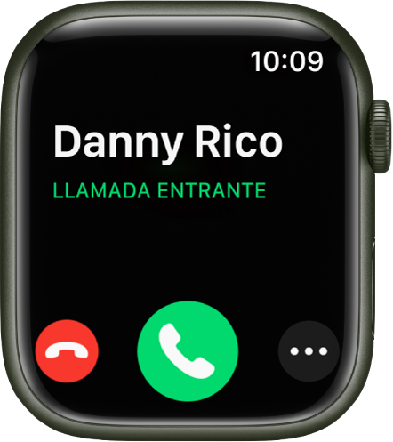 Pantalla del Apple Watch cuando recibes una llamada. Se muestra el nombre de la persona que llama, las palabras "Llamada entrante", el botón rojo Rechazar, el botón verde Contestar y el botón "Más opciones".