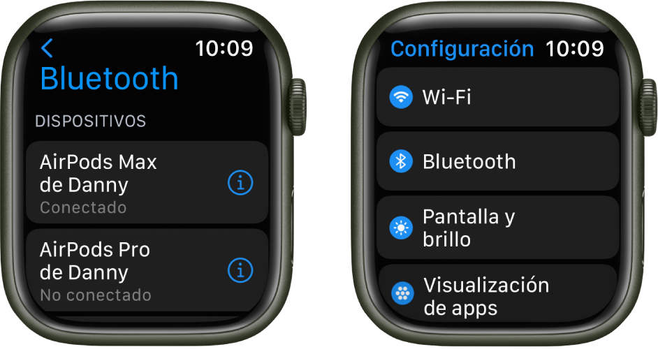 Dos pantallas lado a lado. En la izquierda hay una pantalla que muestra dos dispositivos Bluetooth disponibles: los AirPods Max, que están conectados; y los AirPods Pro, que no están conectados. A la derecha se encuentra la pantalla Configuración, mostrando en una lista los botones Wi-Fi, Bluetooth, “Pantalla y brillo” y “Visualización de apps”.