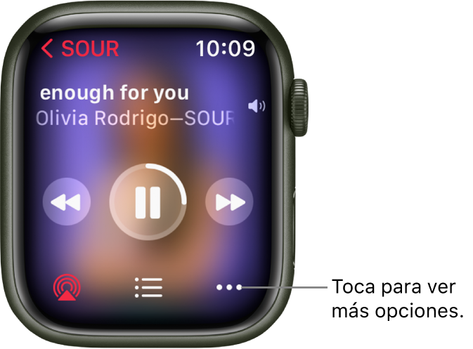 La pantalla de "Ahora suena" de la app Música. El nombre del álbum está en la parte superior izquierda. El título de la canción y el artista aparecen en la parte superior, los controles de reproducción están en el medio y los botones de opciones, lista de pistas y AirPlay están en la parte inferior.