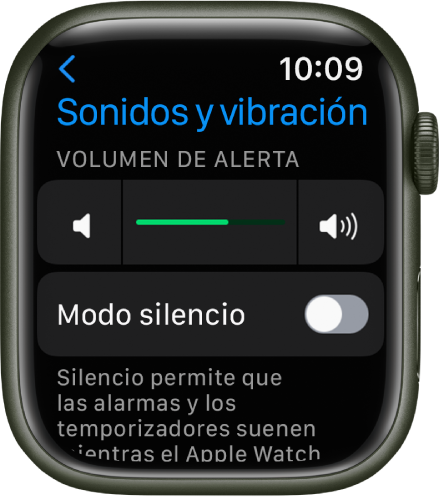 Configuración "Sonidos y vibración" en el Apple Watch, con el regulador "Volumen de alerta" en la parte superior y el botón del modo Silencio debajo de él.