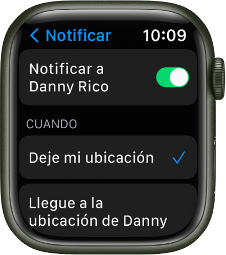 La pantalla Notificar de la app Encontrar Personas. La opción “Al salir de mi ubicación” está seleccionada.