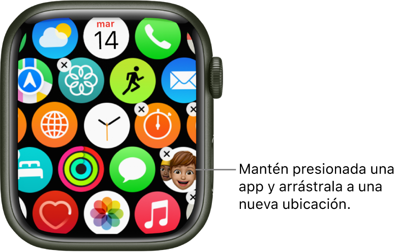 Pantalla de inicio del Apple Watch en la visualización como cuadrícula.