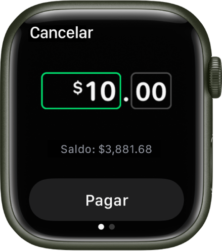 Pantalla de Mensajes mostrando un pago de Apple Cash que se está preparando. Hay una cantidad en dolares en la parte superior. Debajo se muestra el balance actual y el botón Pagar.