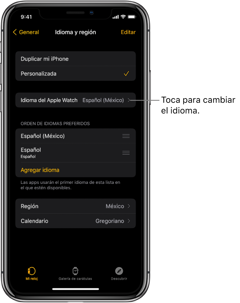 La pantalla "Idioma y región" en la app Apple Watch con la configuración Idioma del Apple Watch en la parte superior.