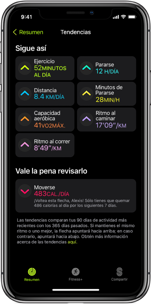 La pestaña Tendencias de la app Fitness en el iPhone. Se muestran varias métricas debajo del encabezado Tendencias cerca de la parte superior de la pantalla. Las métricas incluyen Ejercicio, Pararse, Distancia y más. Debajo de la sección "Vale la pena revisarlo" se muestra la tendencia Moverse.