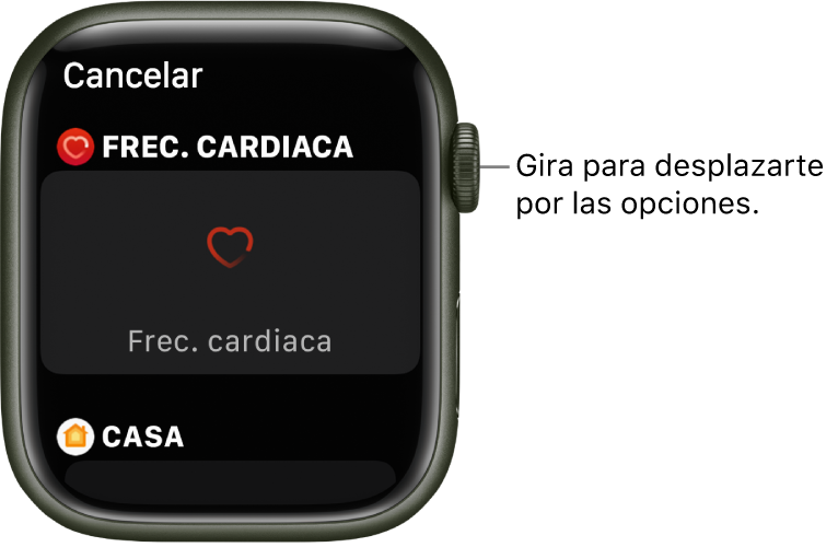 Pantalla personalizada de una carátula con la complicación “Frecuencia cardiaca” resaltada. Gira la corona Digital Crown para explorar las complicaciones.