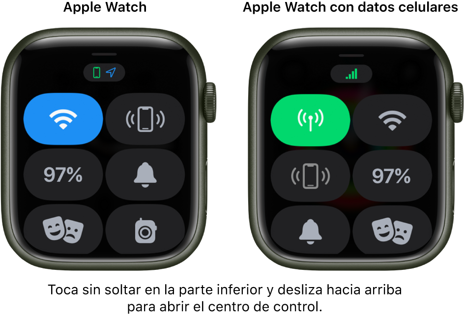 Dos imágenes: El Apple Watch sin servicios celulares a la izquierda mostrando el centro de control. El botón Wi-Fi está en la parte superior izquierda; el botón “Sonar iPhone” se encuentra en la esquina superior derecha; el botón “Porcentaje de la batería” se encuentra en la parte central izquierda; el botón Silencio está en la parte central derecha; el botón “Modo Cine” está en la parte inferior izquierda; y el botón “Walkie talkie” está en la parte inferior derecha. La imagen de la derecha muestra el Apple Watch con datos celulares. Su centro de control muestra el botón “Datos celulares” en la esquina superior izquierda; el botón “Wi-Fi” en la esquina superior derecha; el botón “Sonar iPhone” en la parte central izquierda; el botón “Porcentaje de la batería” en la parte central derecha; el botón Silencio en la parte inferior izquierda; y el botón “Modo Cine” en la parte inferior derecha.