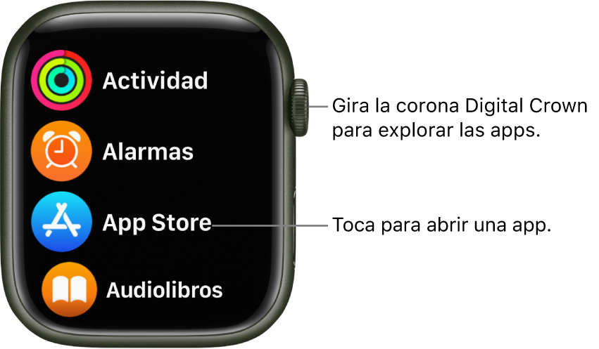 Pantalla de inicio con la visualización como lista en el Apple Watch, con apps en una lista. Toca una app para abrirla. Desplázate para ver más apps.