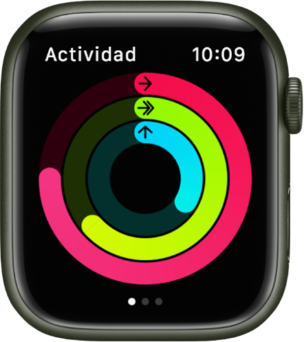 La pantalla Actividad mostrando los tres círculos: Moverse, Ejercicio y Pararse.