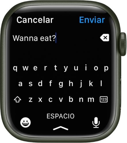 Una pantalla para la captura de texto muestra un teclado QWERTY. Hay texto en la parte superior de la pantalla, y el botón Eliminar está a la derecha. Los botones Emoji, Espacio, y Dictar están en la parte inferior.