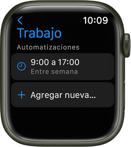 La pantalla del enfoque Trabajo muestra un horario de 9 a. m. a 5 p. m. en días laborables. El botón “Agregar nuevo” está debajo.