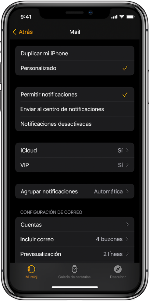 Configuración de Mail en la app Apple Watch mostrando la configuración de las notificaciones y las cuentas de correo.