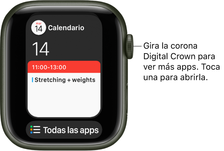 El Dock mostrando la app Calendario con el botón “Todas las apps” debajo. Gira la corona Digital Crown para ver más apps. Toca una para abrirla.