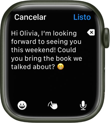 La app Mail muestra una pantalla en la que puedes redactar un mensaje de correo. El cuerpo del texto está cerca de la parte superior, y el botón Eliminar está a la derecha. En la parte inferior están los botones Emoji, Escribir y Dictar. Hay un botón Listo en la esquina superior derecha.