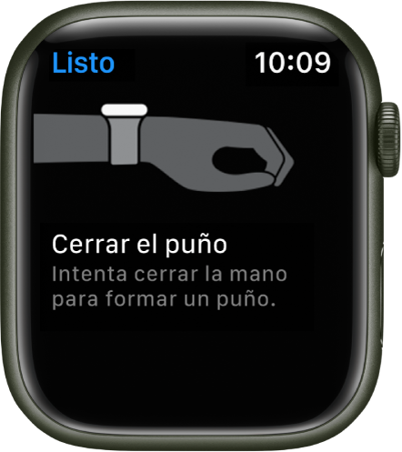 Una pantalla de entrenamiento de AssistiveTouch muestra cómo hacer el gesto “Cerrar el puño”.