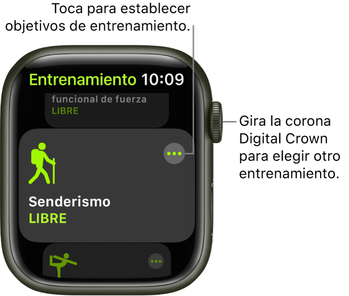 La pantalla Entrenamiento con la opción Senderismo resaltada. Hay un botón Más en la esquina superior derecha. Debajo se encuentra una parte de un entrenamiento Caminata.
