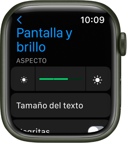 La configuración “Pantalla y brillo” del Apple Watch, con el regulador de brillo en la parte superior, y el botón “Tamaño del texto” en la parte inferior.