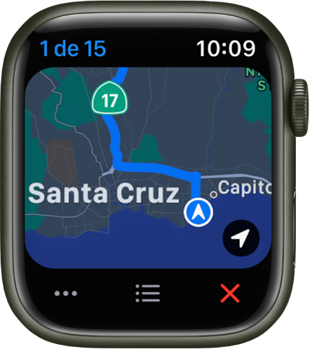 La app Mapas mostrando un vistazo general de tu viaje. En la parte inferior están los botones Más, Lista y Fin.